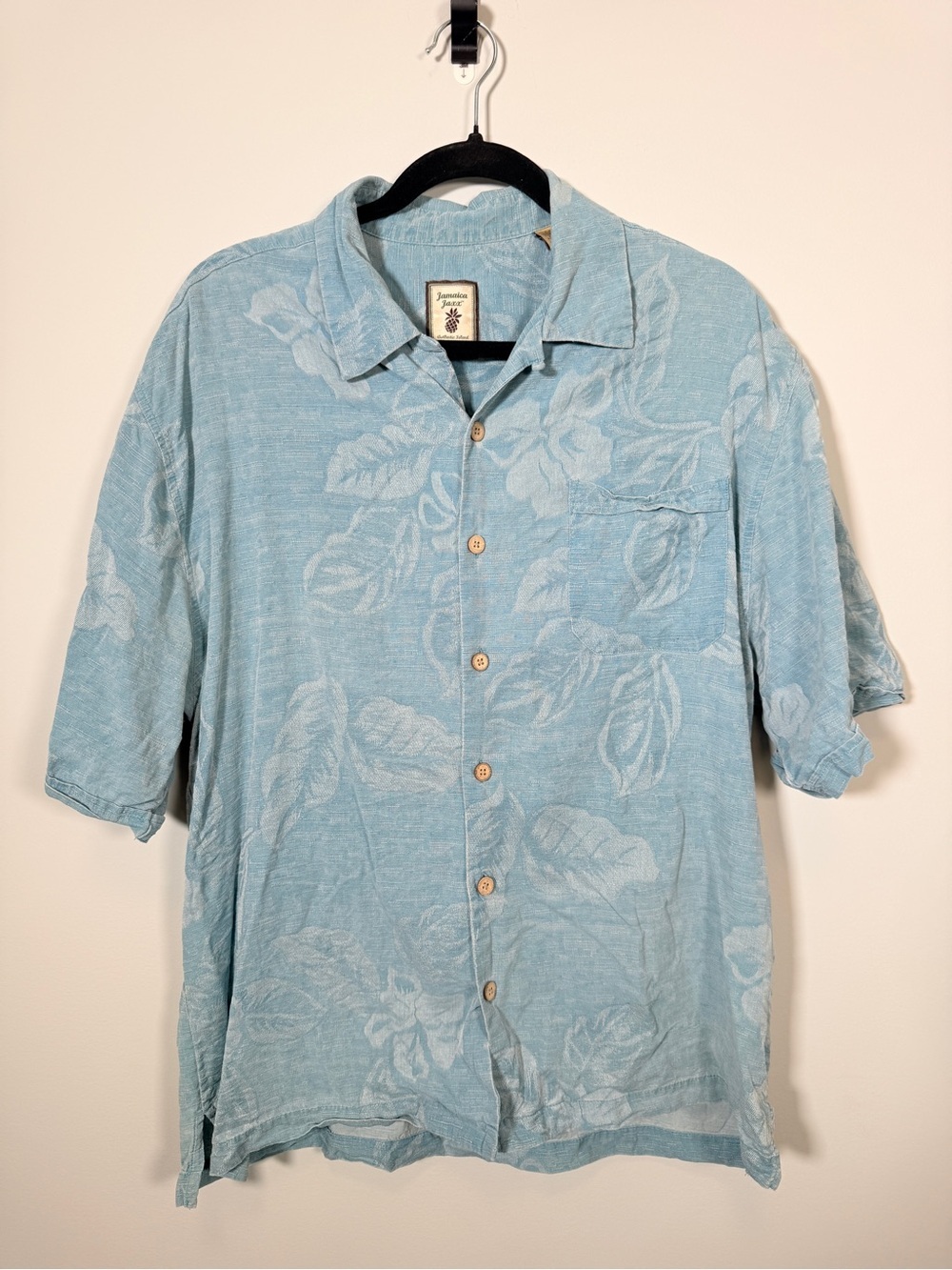 Jamaica Jaxx 100% Jacquard Silk Shirt Light Blue Tropical Floral Camp Shirt L